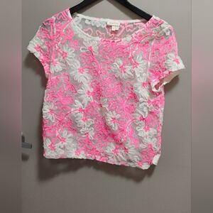 Anthropologie Neon Pink and White Lace Blouse